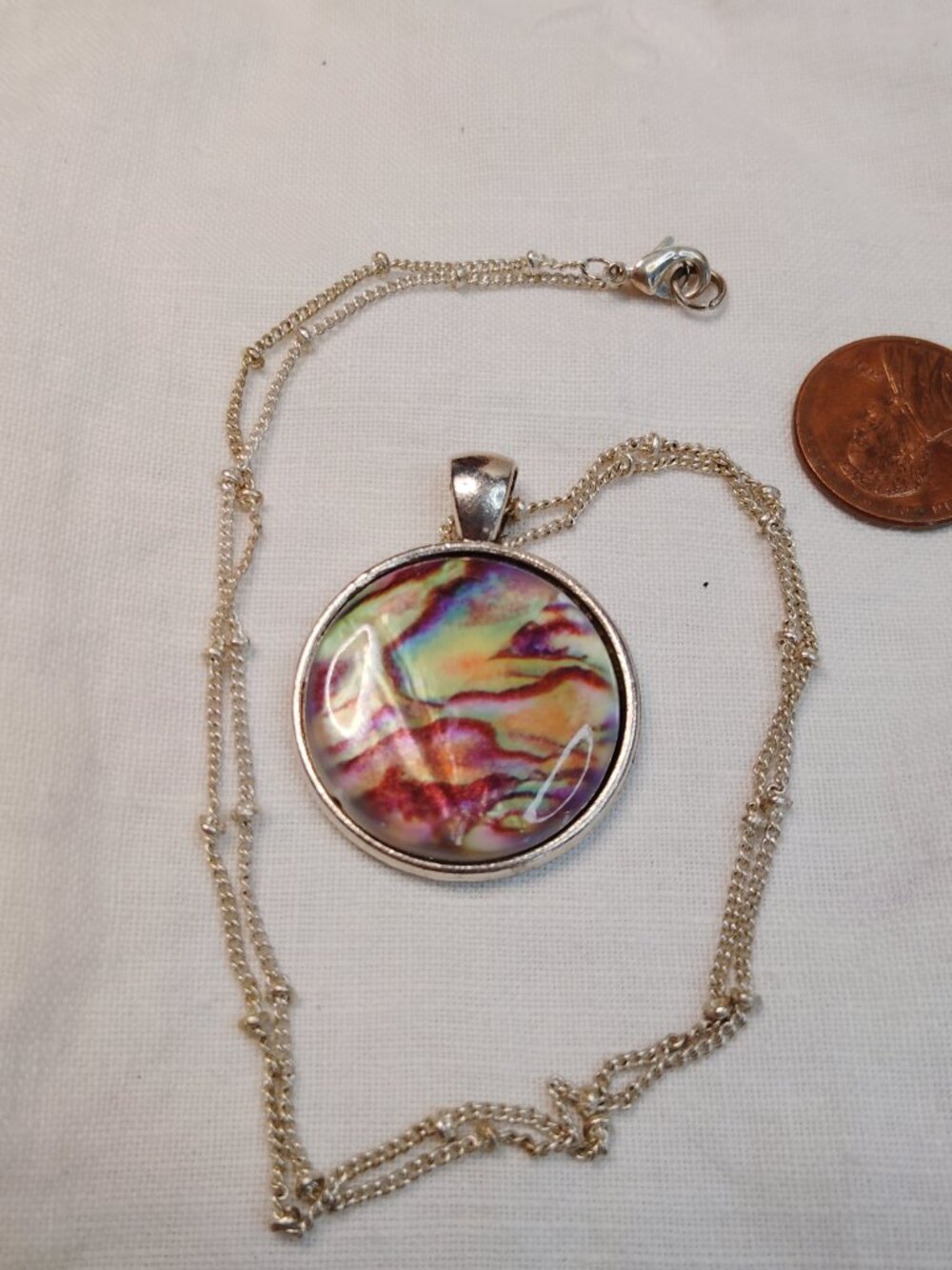 Iridescent Abalone‑Style Round Pendant Necklace, Silver Tone, 19.5" Chain
